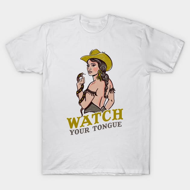 Watch Your Tongue: Sassy & Sexy Western Pinup Girl & Snake T-Shirt by The Whiskey Ginger